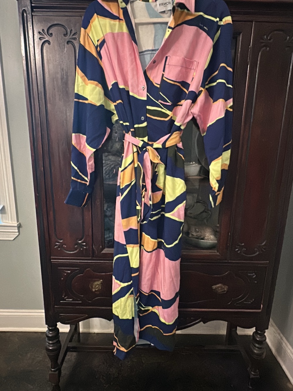 FRNCH Navy, Pink & Yellow Wrap Shirt Dress